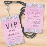 Sweet 16 Pink Glitzer VIP Pass Geburtstagsparty Ausweis<br><div class="desc">Eine einzigartige Sweet 16 Geburtstagsfeier, die auch als Abzeichen für die Gäste dient, am Party zu tragen und als Souvenir-Gastgeschenk behalten. Dieses hübsche Design zeichnet sich durch funkelnd holografische lila, rosa und silberne Imitate Glitzer Konfetti-Rahmen vor einem rosa Hintergrund, ihren Namen in einem weichen grau-trendy Skript und "VIP All Access...</div>