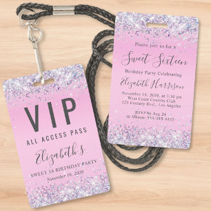 Sweet 16 Pink Glitzer VIP Pass Geburtstagsparty Ausweis