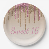 Sweet 16 Pink Gold Glitzer Tropfen Script Ombré Pappteller (Vorderseite)