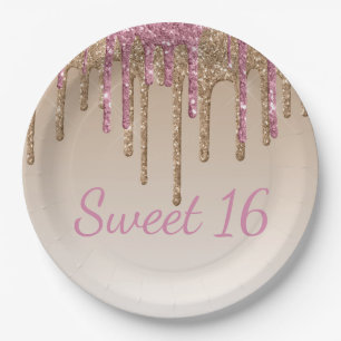 Sweet 16 Pink Gold Glitzer Tropfen Script Ombré Pappteller