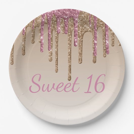 Sweet 16 Pink Gold Glitzer Tropfen Script Ombré Pappteller (Vorderseite)
