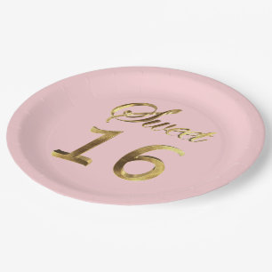 Sweet 16 Pink Gold Look Typografie Elegant Pappteller