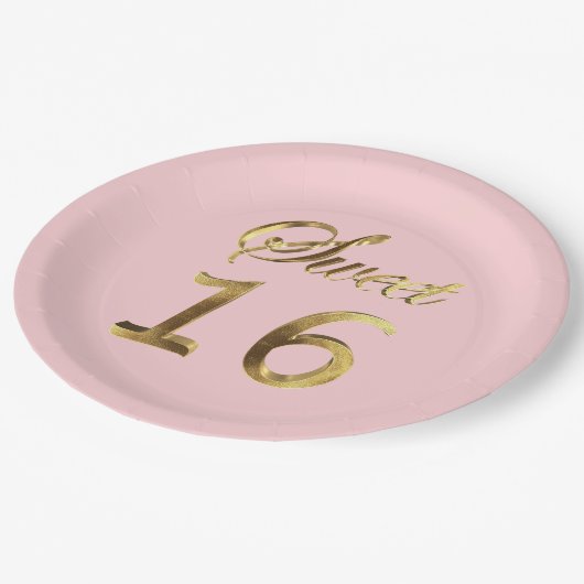 Sweet 16 Pink Gold Look Typografie Elegant Pappteller (Schrägansicht)