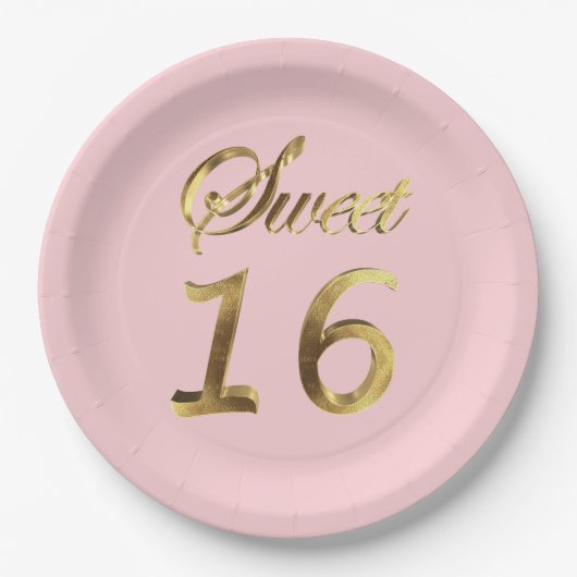 Sweet 16 Pink Gold Look Typografie Elegant Pappteller (Vorderseite)