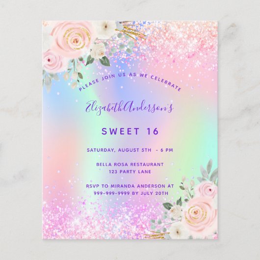 Sweet 16 pink lila Glitzer Blumenbudget Flyer (Vorne)