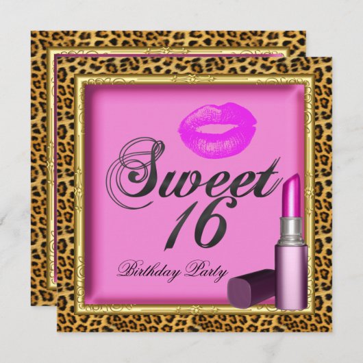 Sweet 16 Pink Lips Lipstick Leopard Gold Einladung (Vorne/Hinten)