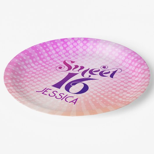 Sweet 16 Pink Orange Gradient Groovy Retro Boho Pappteller (Schrägansicht)
