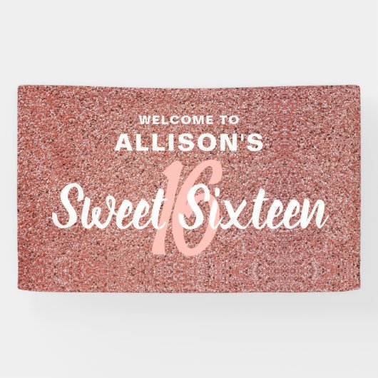 Sweet 16 Pink Rose Gold Glitzer Geburtsname Banner (Horizontal)