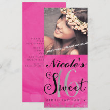 Sweet 16 Pink Silver & Black Foto Einladung