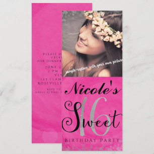 Sweet 16 Pink Silver & Black Foto Einladung