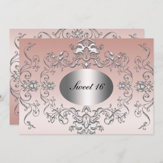 Sweet 16 Pink Silver Elegante Einladung (Vorne/Hinten)