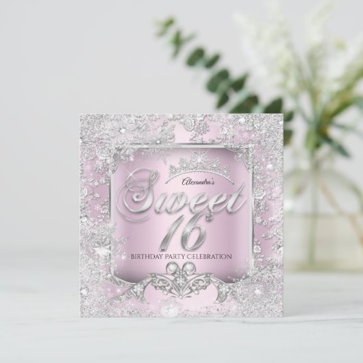 Sweet 16 Pink Silver Tiara Winter Wonderland Party Einladung (Stehend Vorderseite)