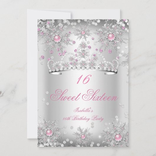 Sweet 16 Pink Snowflakes Silver Winter Wonderland Einladung (Vorderseite)