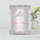 Sweet 16 Pink Snowflakes Silver Winter Wonderland Einladung (Stehend Vorderseite)