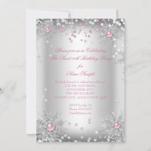 Sweet 16 Pink Snowflakes Silver Winter Wonderland Einladung (Rückseite)