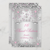 Sweet 16 Pink Snowflakes Silver Winter Wonderland Einladung (Vorne/Hinten)