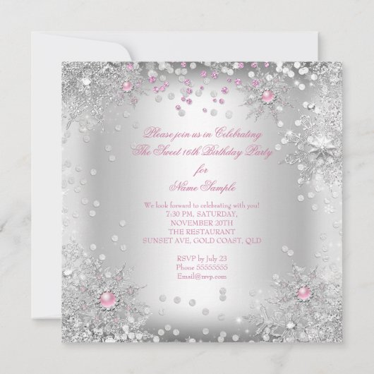 Sweet 16 Pink Snowflakes Silver Winter Wonderland Einladung (Rückseite)