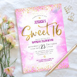 Sweet 16 Pink Watercolor Gold Girly Glam Geburtsta Einladung<br><div class="desc">"Happy Sweet 16". Schicken Sie diese atemberaubende, einfache, festliche, moderne, personalisierte Party Einladung für eine Veranstaltung, an die Sie sich erinnern können. Funkelnd Goldfolie und winzige Konfetti-Glitzer-Punkte und Typografie-Skript überlagern einen weichen rosa Aquarellhintergrund. Personalisieren Sie den benutzerdefinierten Text mit dem Namen Ihrer Tochter und anderen Party-Details. Ideal für die aufstrebende...</div>