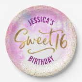 Sweet 16 Pink Watercolor Gold Glam Girly Geburtsta Pappteller (Vorderseite)
