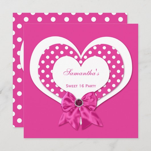 Sweet 16 Pink White Hearts Pink Juwels Polka Dots Einladung (Vorne/Hinten)