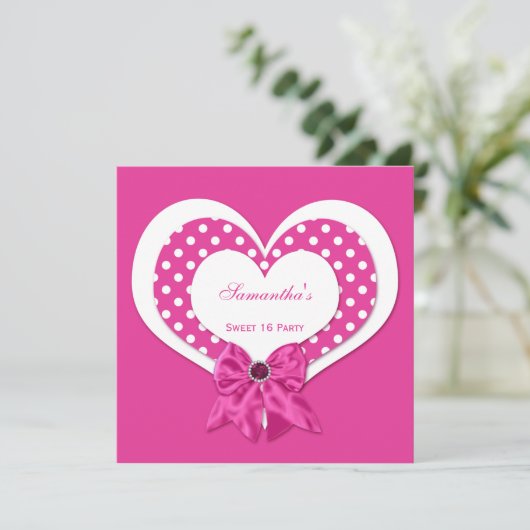 Sweet 16 Pink White Hearts Pink Juwels Polka Dots Einladung (Stehend Vorderseite)