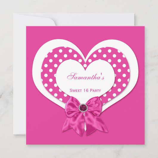 Sweet 16 Pink White Hearts Pink Juwels Polka Dots Einladung (Vorderseite)