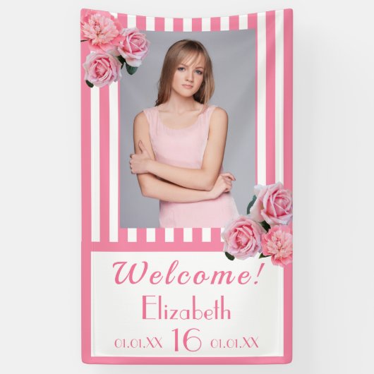 Sweet 16 Pink White Stripes Foto Banner (Vertikal)