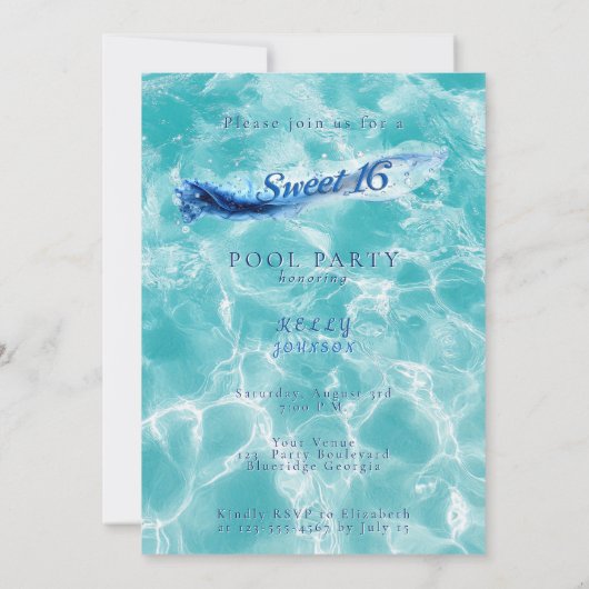 Sweet 16 Pool Party Blaue Wasserblasen Einladung (Rückseite)