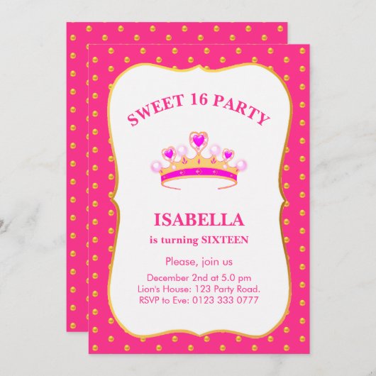 Sweet 16 Princess Crown Geburtstagsparty Einladung (Vorne/Hinten)