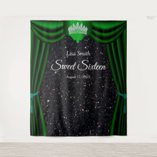 Sweet 16 Princess Crown Green Curtain Black Glitte Wandteppich