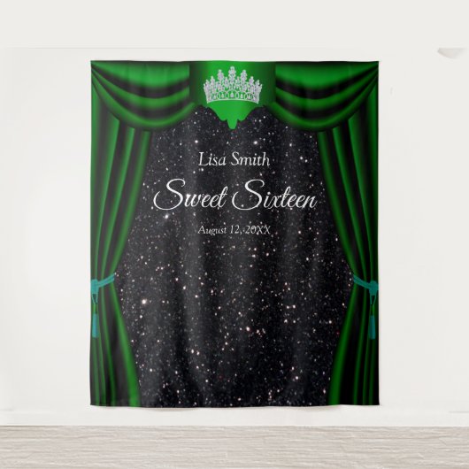 Sweet 16 Princess Crown Green Curtain Black Glitte Wandteppich (Vorderseite)