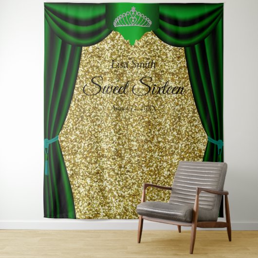 Sweet 16 Princess Tiara Green Vorhang Gold Glitzer Wandteppich (Beispiel)