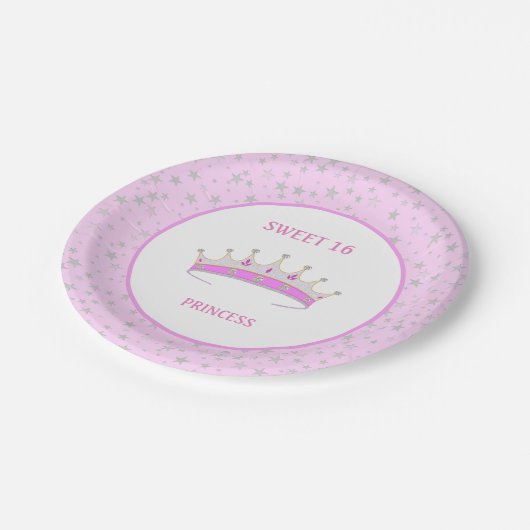 Sweet 16 Princess Tiara & Stars Confetti Pappteller (Schrägansicht)