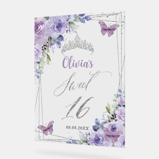 Sweet 16 Purple Lilac Floral Silver Willkommen Acrylschild (Winkel)