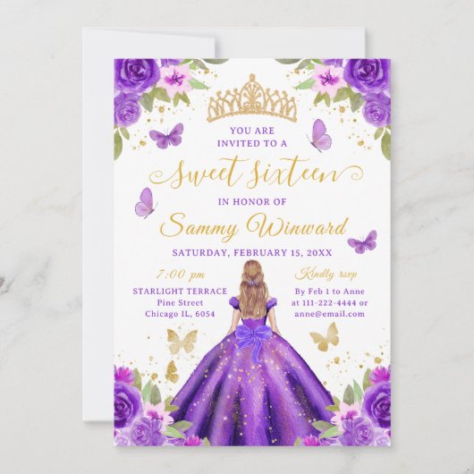 Sweet 16 Purple Princess Blonde Girl Einladung (Vorderseite)