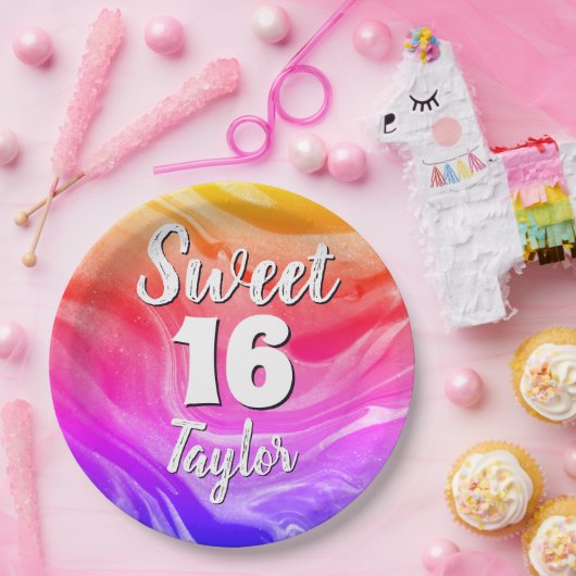 Sweet 16 Rainbow Colored Marble Personalized Pappteller (Party)