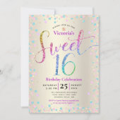Sweet 16 Rainbow Glitzer Confetti Gold Geburtstag Einladung (Vorderseite)