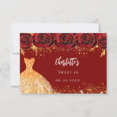 Sweet 16 Red Dress Blume Gold RSVP Karte (Rückseite)