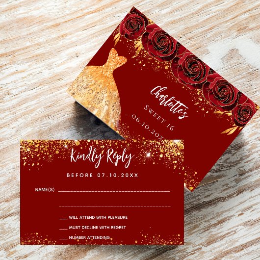 Sweet 16 Red Dress Blume Gold RSVP Karte