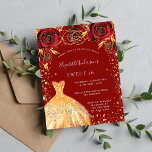 Sweet 16 Red gold Glitzer Blumenzettel Flyer<br><div class="desc">Bitte beachten Sie, dass diese Einladung auf Flyer Papier und sehr dünn ist. Umschläge sind nicht enthalten. Für dickere Einladungen (gleiche Gestaltung) besuchen Sie bitte unseren Shop. Eine moderne, stilvolle und glamouröse Einladung zu einer Sweet 16. Geburtstagsfeier. Ein roter Hintergrund mit Imitaten goldener Glitzer Staub, ein Kleid und rote Rosen,...</div>