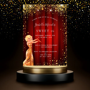 Sweet 16 Red Gold Glitzer Kleid Film Party Einladungspostkarte