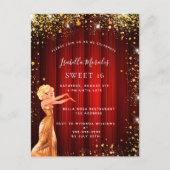 Sweet 16 Red Gold Glitzer Kleid Film Party Einladungspostkarte (Vorderseite)