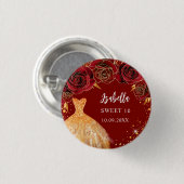 Sweet 16 Red Gold Glitzer Kleid Name Button (Vorne & Hinten)