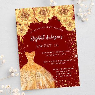 Sweet 16 Red Gold Glitzer Kleidung Rose Einladungspostkarte