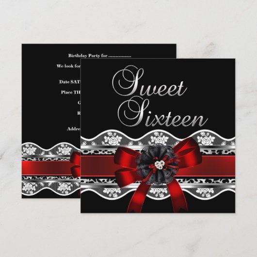 Sweet 16 Red Lace Silver Black Leopard Geburtstag Einladung (Vorne/Hinten)