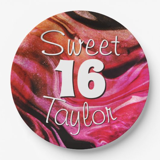 Sweet 16 Red & Orange Marble Personalized Pappteller (Vorderseite)