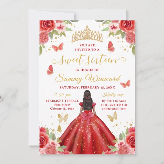 Sweet 16 Red Princess African American Girl Einladung (Vorderseite)