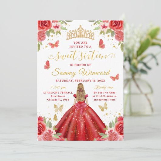 Sweet 16 Red Princess Blonde Girl Einladung (Stehend Vorderseite)
