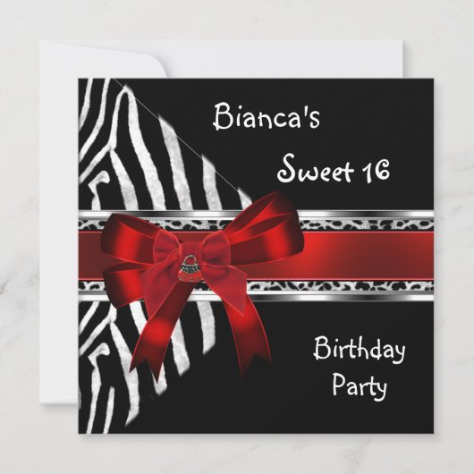 Sweet 16 Red Silver Black Zebra Leopard Geburtstag Einladung (Vorderseite)