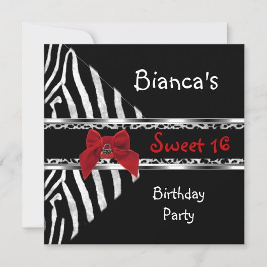 Sweet 16 Red Silver Black Zebra Leopard Geburtstag Einladung (Vorderseite)